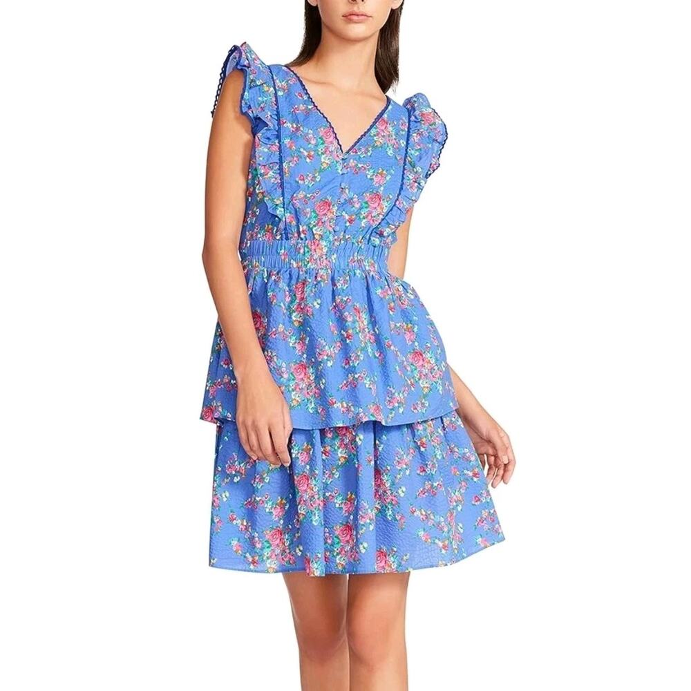 Betsey Johnson Bush Gardens Seersucker Tiered Mini Dress, Floral Purple | L GUC